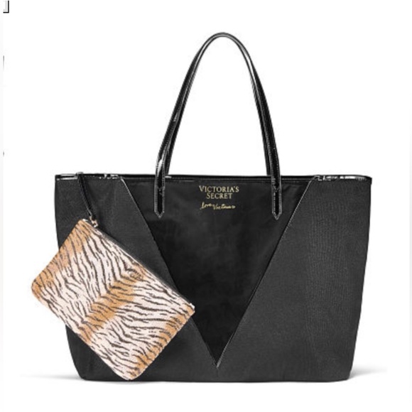 Victoria’s Secret Large Black Tote with clear panel and animal print pouch Black - Picture 1 of 9